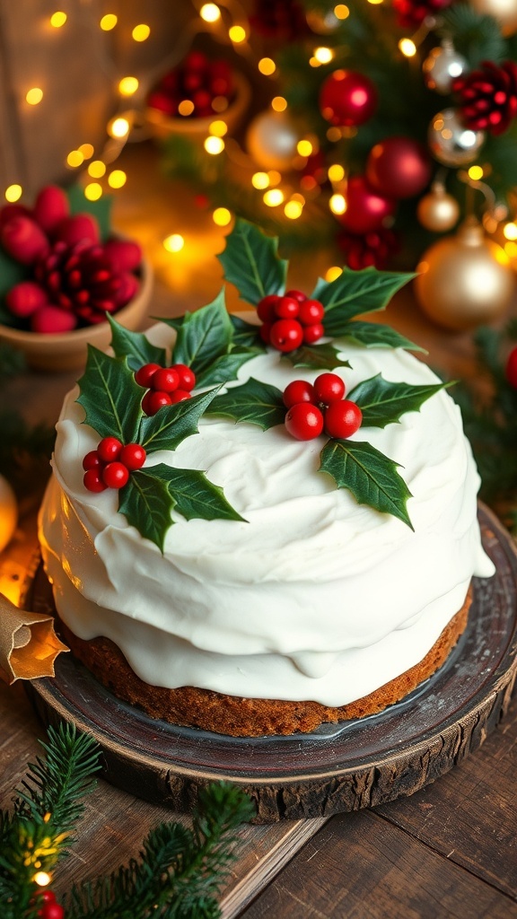 A traditional Christmas cake decorated with icing and holly, on a wooden table with festive decorations.